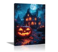 TERUEA Home Selections Painted Flower 3D Wall Canvas. A Halloween pumpkin in front of the haunted house Colorful Botanical Wall Poster for Bedroom Living Room Decor(Orange)-40x60cm1 Framed