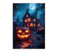 TERUEA Home Selections Painted Flower 3D Wall Canvas. A Halloween pumpkin in front of the haunted house Colorful Botanical Wall Poster for Bedroom Living Room Decor(Orange)-30x45cm1 Unframed