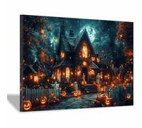 TERUEA Home Selections Painted Flower 3D Wall Canvas. A haunted house with a full moon in the background Colorful Botanical Wall Poster for Bedroom Living Room Decor(Black)-30x45cm1 Framed