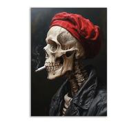 TERUEA Home Selections Painted Flower 3D Wall Canvas. A skeleton wearing a red beret smoking a cigarette, Colorful Botanical Wall Poster for Bedroom Living Room Decor(Red)-70x100cm1 Unframed