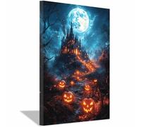 TERUEA Home Selections Painted Flower 3D Wall Canvas. Haunted house with spooky pumpkins and a dark forest Colorful Botanical Wall Poster for Bedroom Living Room Decor(Orange)-60x90cm1 Framed