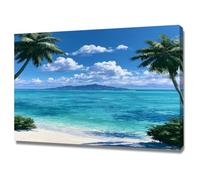 TERUEA Home Selections Painted Flower 3D Wall Canvas White Sand Lagoon, Palms & Distant Isle Under Blue Skies Spa Pictures Wall Decor Art Prints for Yoga Meditation Room(Turquoise)-60x90cm1 Framed