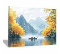 TERUEA Home Selections Painted Tree of Life 3D Wall Canvas. Yellow Tree Mountain Lake Boat Fall Foliage for Women's Girl's Bedroom Living Room Bathroom Gift(Yellow)-40x60cm1 Framed