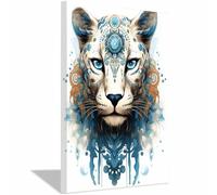 TERUEA Minimalist Wall Art Gothic Animal Painting Ornamental Leopard with Blue Accents, Stylish Animal Decor Canvas Wall Art Watercolor Prints Pictures(Blue-White)-40x60cm1 Framed