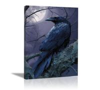 TERUEA Modern Art Animal Canvas Wall Decor, Dark Raven Full Moon Bare Tree Night Black and White Animals Wall Poster for Bathroom Toilet(Black)-20x30cm Framed