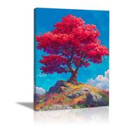 TERUEA Modern Floral Giclee Canvas Prints Artwork Scarlet Tree Perched On Hilltop, Clear Pale Blue Sky View Canvas Wall Art for Home Decor Modern Bathroom Office (Red)-60x90cm Framed