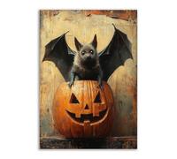TERUEA Modern Floral Giclee Canvas Prints Flowers Artwork A black bat with outstretched wings sitting on a pumpkin, for Bedroom Living Room Home Office Decoration,Set of 1(Black)-20x30cm1 Unframed
