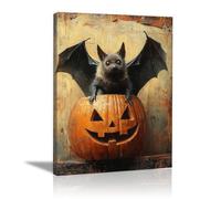 TERUEA Modern Floral Giclee Canvas Prints Flowers Artwork A black bat with outstretched wings sitting on a pumpkin, for Bedroom Living Room Home Office Decoration,Set of 1(Black)-70x100cm1 Framed
