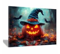TERUEA Modern Floral Giclee Canvas Prints Flowers Artwork Pumpkins wearing witch hats in the moonlight for Bedroom Living Room Home Office Decoration,Set of 1(Red)-20x30cm1 Framed