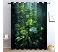 TERUEA Outdoor Curtains Garden Decor, Green Blue Flowers Dark Background Curtain Printed Design Home Decoration Thermal Insulated Blackout Window (Lime green)-52" W x 90" L (Pack of 2)