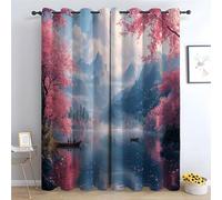 TERUEA Plants Shower Curtain Pink peach blossoms blooming on trees by the river Shower Curtain Green Plant Spring Garden Landscape Curtain Waterproof Cloth Fabric Decor-28 W x 63" L (Pack of 2)