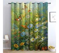 TERUEA Resistant Polyester Fabric Curtains Flower Meadow Butterfly Art Curtain Window, Flowers, Garden Washable Polyester Fabric Curtain for Outdoor(Green)-42" W x 84" L (Pack of 2)