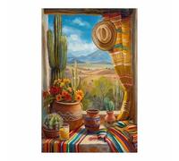 TERUEA Romantic Blossom Paintings Plant Pictures Canvas Prints Mexican Desert Window Cactus View for Women's Girl's Bedroom Living Room Bathroom Gift(Terracotta)-60x90cm1 Unframed