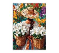 TERUEA Vintage Bathroom Wall Art - Woman with Straw Hat and White Lilies Vintage Humor Wall Poster for Bathroom Toilet Decor(Brown)-60x90cm Unframed
