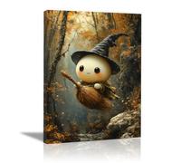 TERUEA Vintage Halloween Canvas Wall Art, A cute ghost wearing a witch's hat, Creepy Halloween Full Moon Night Sky Print, Scary Witch Silhouette Pictures (White)-80x120cm1 Framed