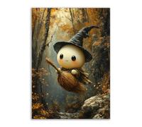 TERUEA Vintage Halloween Canvas Wall Art, A cute ghost wearing a witch's hat, Creepy Halloween Full Moon Night Sky Print, Scary Witch Silhouette Pictures (White)-60x90cm1 Unframed