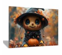 TERUEA Vintage Halloween Canvas Wall Art, A cute little scarecrow holding a pumpkin Victorian Picture Print, Creepy Spooky Ghost Dark Academia Wall Decor (Orange)-80x120cm1 Framed