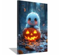 TERUEA Vintage Halloween Canvas Wall Art, A cute spirit sitting on a pumpkin, Creepy Halloween Full Moon Night Sky Print, Scary Witch Silhouette Pictures (White)-40x60cm1 Framed