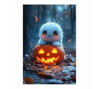 TERUEA Vintage Halloween Canvas Wall Art, A cute spirit sitting on a pumpkin, Creepy Halloween Full Moon Night Sky Print, Scary Witch Silhouette Pictures (White)-30x45cm1 Unframed