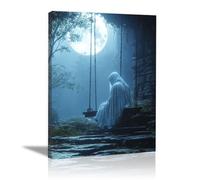 TERUEA Vintage Halloween Canvas Wall Art, A ghost in a white robe sitting on an old log, Victorian Picture Print, Creepy Spooky Ghost Wall Decor (White)-70x100cm1 Framed