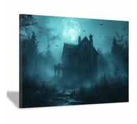 TERUEA Vintage Halloween Canvas Wall Art, A haunted house in the moonlight, bats flying, Victorian Picture Print, Creepy Spooky Ghost Dark Academia Wall Decor (Dark Gray)-70x100cm1 Framed