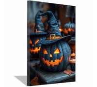 TERUEA Vintage Halloween Canvas Wall Art, A realistic photo of a pumpkin with glowing eyes, Creepy Halloween Full Moon Night Sky Print, Scary Witch Silhouette Pictures (Black)-70x100cm1 Framed