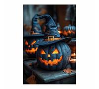 TERUEA Vintage Halloween Canvas Wall Art, A realistic photo of a pumpkin with glowing eyes, Creepy Halloween Full Moon Night Sky Print, Scary Witch Silhouette Pictures (Black)-70x100cm1 Unframed