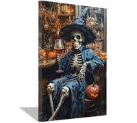 TERUEA Vintage Halloween Canvas Wall Art, A skeleton in a blue robe Creepy Halloween Full Moon Night Sky Print, Scary Witch Silhouette Pictures (White)-70x100cm1 Framed