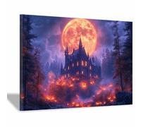 TERUEA Vintage Halloween Canvas Wall Art, A spooky haunted house with pumpkins and a dark forest, Creepy Halloween Full Moon Night Sky Print (Light Grayish Purple)-70x100cm1 Framed