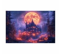 TERUEA Vintage Halloween Canvas Wall Art, A spooky haunted house with pumpkins and a dark forest, Creepy Halloween Full Moon Night Sky Print (Light Grayish Purple)-70x100cm1 Unframed