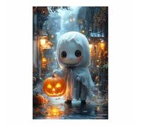 TERUEA Vintage Halloween Canvas Wall Art, Cute ghost-style jack-o'-lanterns Creepy Halloween Full Moon Night Sky Print, Scary Witch Silhouette Pictures (White)-70x100cm1 Unframed