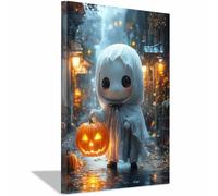 TERUEA Vintage Halloween Canvas Wall Art, Cute ghost-style jack-o'-lanterns Creepy Halloween Full Moon Night Sky Print, Scary Witch Silhouette Pictures (White)-70x100cm1 Framed