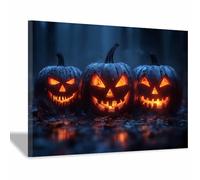 TERUEA Vintage Halloween Canvas Wall Art, Three scary pumpkins lit up in the dark Creepy Halloween Full Moon Night Sky Print, Scary Witch Silhouette Pictures (Black)-70x100cm1 Framed