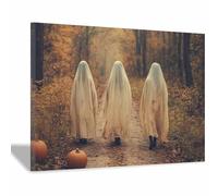 TERUEA Vintage Halloween Canvas Wall Art, Vintage scene with three cute spirits Creepy Halloween Full Moon Night Sky Print, Scary Witch Silhouette Pictures (White)-70x100cm1 Framed