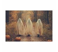 TERUEA Vintage Halloween Canvas Wall Art, Vintage scene with three cute spirits Creepy Halloween Full Moon Night Sky Print, Scary Witch Silhouette Pictures (White)-70x100cm1 Unframed