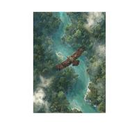 TERUEA Wall Art Canvas Accent Piece Flying Eagle Aerial View Green Forest River Mist Vintage Animals Wall Art Prints for Toilet Bathroom Decor(Green)-80x120cm Unframed