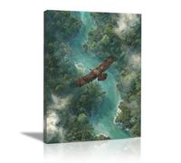 TERUEA Wall Art Canvas Accent Piece Flying Eagle Aerial View Green Forest River Mist Vintage Animals Wall Art Prints for Toilet Bathroom Decor(Green)-60x90cm Framed