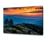 TERUEA Wall Art Canvas Prints - Vibrant Orange Sunset Sky, Layered Blue Peaks & Pine Trees (Orange)-60x90cm1 Framed