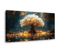 TERUEA Watercolor Flower Wall Art Poster Wildflower Prints, White Tree Forest Lake Nature Landscape Minimalist Abstract Floral Painting Canvas Living Room Bedroom Home Wall Decor(Gold)-30x60cm1 Framed