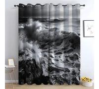 TERUEA Waterfall Nature Scene Curtains, Black White Ocean Splash Curtain Farmhouse Flower Print Decorative Grommet Window Drapes Blackout Curtain for Bedroom(Black and White)-52"W x 108"L (Pack of 2)