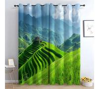 TERUEA Waterfall Nature Scene Curtains, green terraced rice fields with hillside hut Farmhouse Flower Print Decorative Grommet Window Drapes Blackout Curtains for Bedroom-42 W x 63" L (Pack of 2)