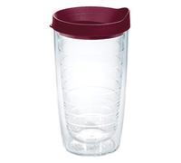Tervis Clear & Colorful Lidded Made in USA Double Walled Insulated Tumbler Travel Cup Keeps Drinks Cold & Hot, 16oz, Maroon Lid