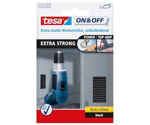 tesa 55228 On/Off Hook and Loop Extra Strong Strips - Black 55228-00000-02 | Self-adhesive fastening strips for heavy objects - extra-strong hold with claw-shaped hooks