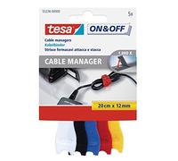 tesa 55236 On & Off Hook and Loop Cable Managers - Multi-Colour, 20cm x 12mm (Pack of 5)