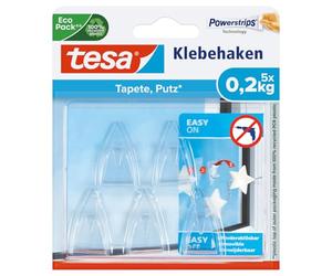 tesa Adhesive Hooks for Transparent Surfaces and Glass - 1 Pack of 5 Hooks | Transparent Adhesive Hooks for Glass - Holding Capacity of 200 g per Hook - To Fix to Transparent Surfaces without Drilling