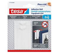 tesa Adhesive Nail for Wallpaper and Plaster 2kg - No Nails Picture Hanger - Pack of 2 Adhesive Nails and 6 Strips