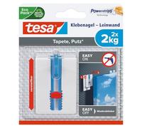tesa Adhesive Nail for Wallpaper, Plaster, Adjustable, 2 kg - 2 Nails | Height-Adjustable Wall Pegs for Canvases and Stretcher Frames - Self-Adhesive, 2 kg Holding Force per Peg