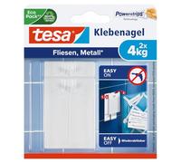 tesa Adhesive Nail, Tiles & Metal, 4 kg - 1 Nail + tesa Powerstrips | Wall Peg for Smooth, Solid Surfaces in Bathrooms and Kitchens - 4 kg Holding Force