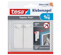 tesa Adhesive Nails for Wallpaper, Plaster, 1 kg - 2 Nails | Wall Pegs for Delicate Surfaces - Self-Adhesive, 1 kg Holding Force per Peg - no Drilling Required