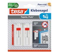 tesa Adhesive Nails for Wallpaper, Plaster, 1 kg - 2 Nails | Wall Pegs for Delicate Surfaces - Self-Adhesive, 1 kg Holding Force per Peg - no Drilling Required